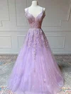 A-line Off-the-shoulder Tulle Glitter Sweep Train Prom Dresses With Appliques Lace #Milly020114002