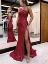 Sheath/Column Sweep Train One Shoulder Sequined Split Front Prom Dresses #Milly020114019