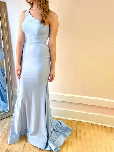 Sheath/Column One Shoulder Jersey Sweep Train Prom Dresses #Milly020114020