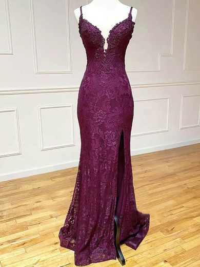 Sheath/Column V-neck Lace Sweep Train Beading Prom Dresses #Milly020114054