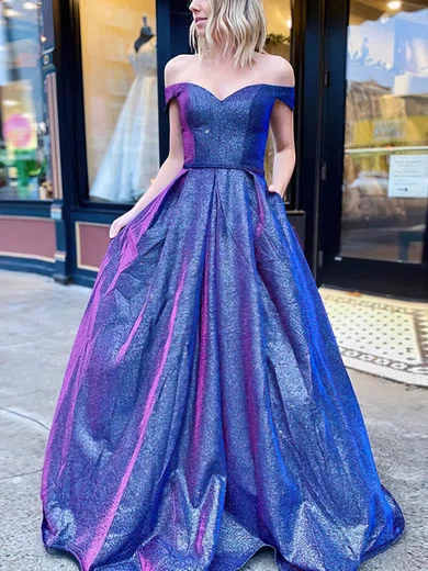 Ball Gown/Princess Sweep Train Off-the-shoulder Shimmer Crepe Pockets Prom Dresses #Milly020114055