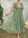 Ball Gown V-neck Tulle Puff Sleeves Floral Long Homecoming Dresses #Milly020114060
