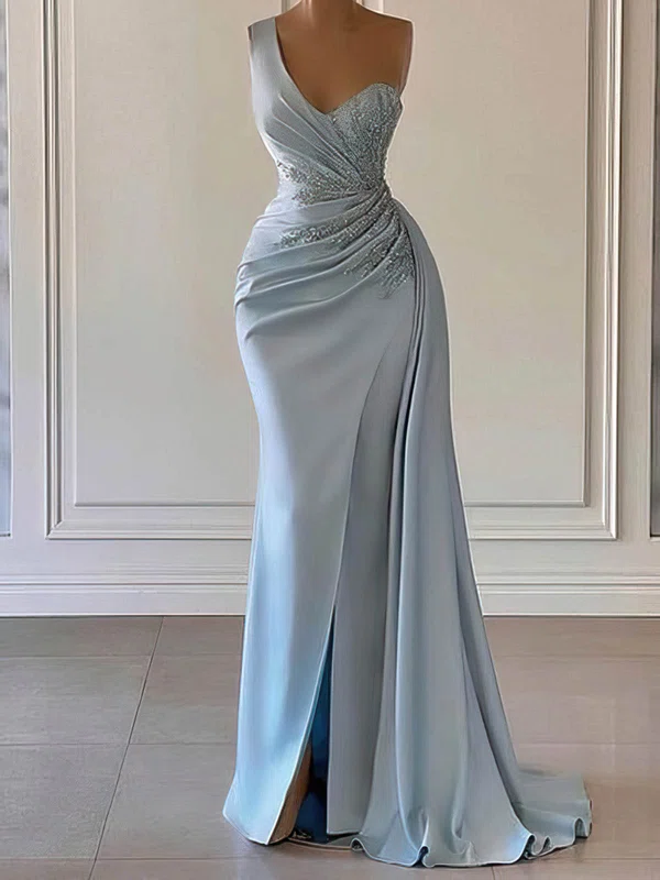 Sheath/Column One Shoulder Silk-like Satin Floor-length Prom Dresses With Split Front #Milly020114062