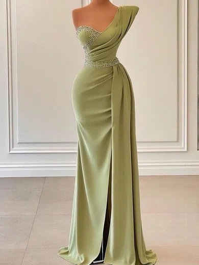 Sheath/Column One Shoulder Satin Prom Dresses With Beading #Milly020114063