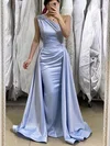 Sheath/Column One Shoulder Satin Sweep Train Prom Dresses With Ruffles #Milly020114069