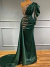 Sheath/Column One Shoulder Satin Sweep Train Prom Dresses With Appliques Lace #Milly020114070