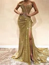 Sheath/Column Off-the-shoulder Glitter Sweep Train Prom Dresses With Split Front #Milly020114073