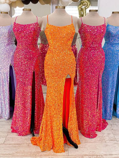 Sheath/Column Scoop Neck Sequined Sweep Train Prom Dresses With Split Front #Milly020114081