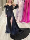 Sheath/Column V-neck Silk-like Satin Sweep Train Prom Dresses With Feathers / Fur #Milly020114084