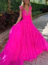 Princess V-neck Tulle Sweep Train Prom Dresses With Beading #Milly020114093