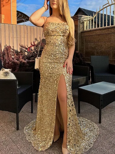 Sheath/Column Strapless Sequined Sweep Train Prom Dresses With Split Front #Milly020114096