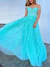 A-line Off-the-shoulder Tulle Sweep Train Prom Dresses With Appliques Lace #Milly020114098