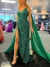 Sheath/Column V-neck Chiffon Sequined Sweep Train Prom Dresses With Split Front #Milly020114110
