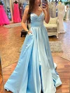 A-line V-neck Satin Sweep Train Prom Dresses With Pockets #Milly020114111