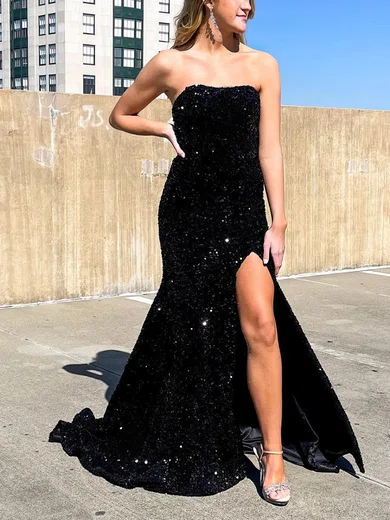 Sheath/Column Strapless Sequined Sweep Train Prom Dresses With Split Front #Milly020114112