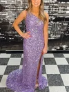 Sheath/Column One Shoulder Sequined Sweep Train Prom Dresses With Split Front #Milly020114117