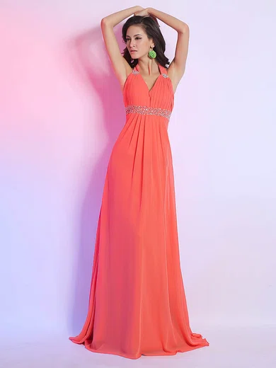 Empire Sleeveless Chiffon Halter Backless Beading Prom Dress #02023086