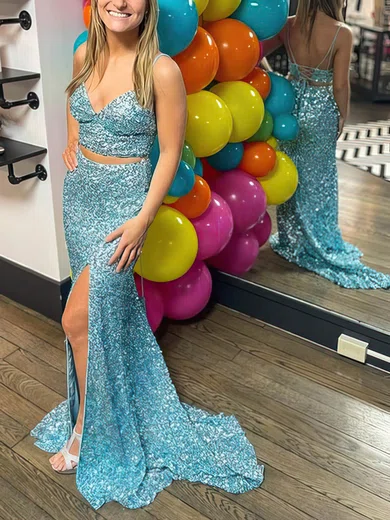 Sheath/Column V-neck Sequined Sweep Train Prom Dresses With Split Front #Milly020114129