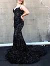 Trumpet/Mermaid V-neck Sequined Sweep Train Prom Dresses #Milly020114130
