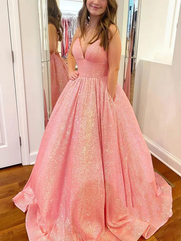Ball Gown/Princess V-neck Sequined Sweep Train Prom Dresses With Pockets #Milly020114136