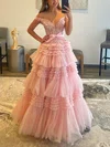 A-line Off-the-shoulder Tulle Glitter Sweep Train Prom Dresses With Appliques Lace #Milly020114137