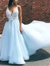 A-line V-neck Tulle Sweep Train Prom Dresses With Appliques Lace #Milly020114138