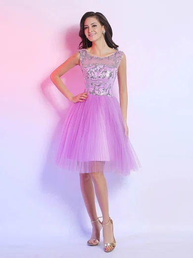 Knee-length Tulle Sequins Scoop Neck Open Back Cute Prom Dress #02014272