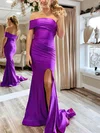 Sheath/Column Off-the-shoulder Jersey Sweep Train Prom Dresses With Split Front #Milly020114149