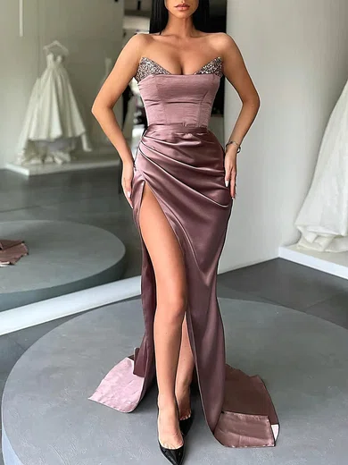 Sheath/Column Strapless Satin Prom Dresses With Beading #Milly020114156