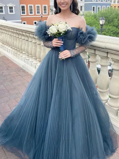 Ball Gown Off-the-shoulder Tulle Sweep Train Prom Dresses With Pleats #Milly020114157