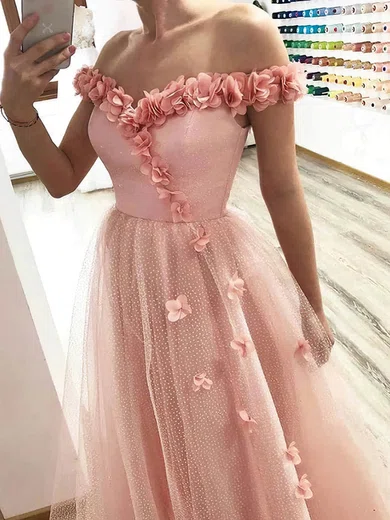 A line Off the shoulder Tulle Floor length Prom Dresses With Flower s millybridal