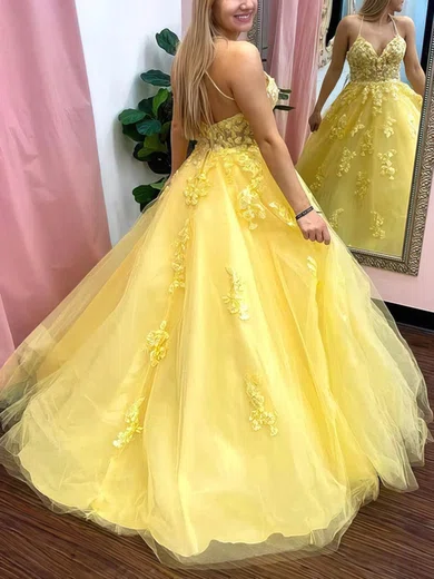 Ball Gown V-neck Tulle Sweep Train Prom Dresses With Appliques Lace #Milly020114168