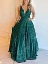 A-line V-neck Sequined Sweep Train Prom Dresses With Sashes / Ribbons #Milly020114169