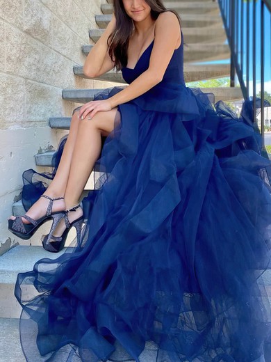 A-line V-neck Tulle Asymmetrical Prom Dresses With Cascading Ruffles #Milly020114175
