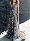 A-line V-neck Lace Sweep Train Prom Dresses With Sashes / Ribbons #Milly020114176