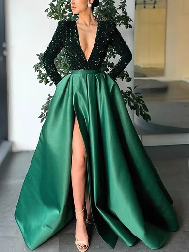 Ball Gown V-neck Sparkly Sequin Satin Prom Dresses With Long Sleeves #Milly020114179