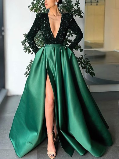 Ball Gown/Princess V-neck Satin Sequined Sweep Train Prom Dresses With Split Front #Milly020114179