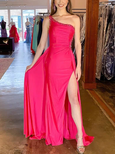 A-line One Shoulder Silk-like Satin Sweep Train Prom Dresses With Split Front #Milly020114190