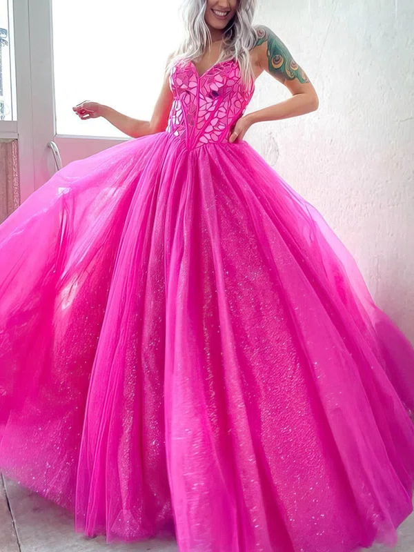 Ball Gown/Princess Sweep Train V-neck Glitter Tulle Beading Prom Dresses #Milly020114191