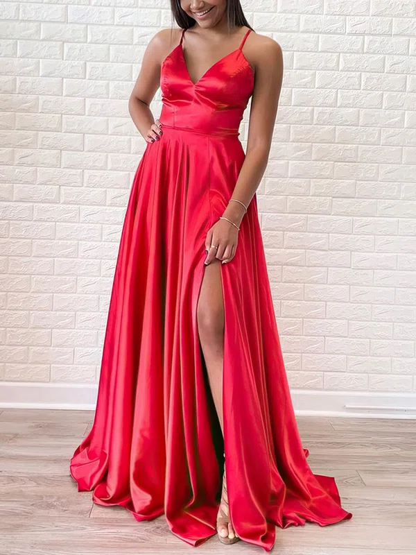 A-line V-neck Silk-like Satin Sweep Train Prom Dresses With Split Front #Milly020114193
