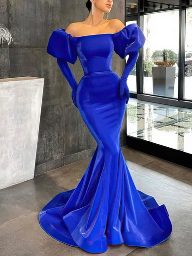 Mermaid Off-the-shoulder Satin Prom Dresses With Puff Sleeve #Milly020114196