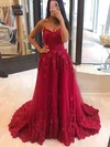 A-line Sweetheart Tulle Sweep Train Prom Dresses With Appliques Lace #Milly020114200