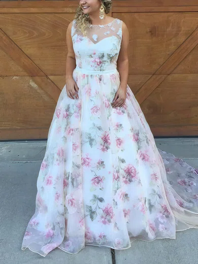 Ball Gown Scoop Neck Organza Sweep Train Prom Dresses With Sashes / Ribbons #Milly020114202