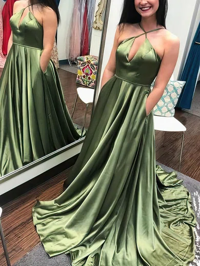 A-line V-neck Silk-like Satin Sweep Train Prom Dresses With Pockets #Milly020114206