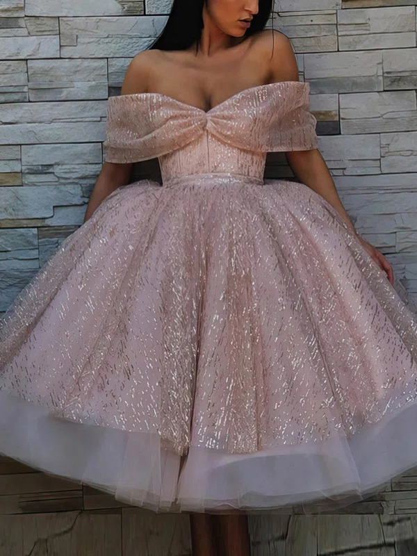 Ball Gown Off-the-shoulder Organza Glitter Tea-length Prom Dresses #Milly020114208