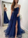 A-line V-neck Tulle Sweep Train Prom Dresses With Appliques Lace #Milly020114211
