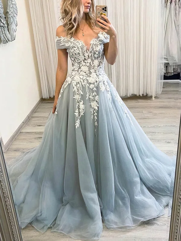Ball Gown/Princess Off-the-shoulder Tulle Sweep Train Prom Dresses With Appliques Lace S020114213