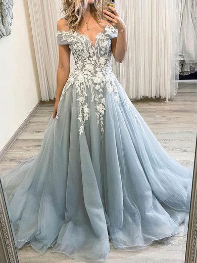 Ball Gown/Princess Sweep Train Off-the-shoulder Tulle Appliques Lace Prom Dresses #Milly020114213