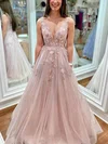 A-line V-neck Tulle Sweep Train Prom Dresses With Appliques Lace #Milly020114223