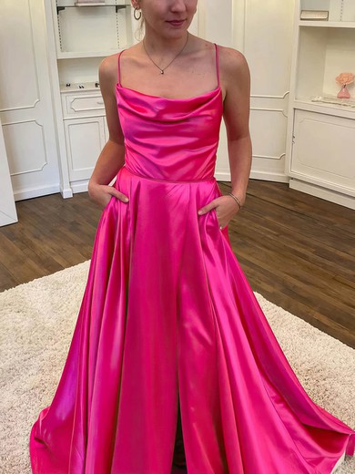 A-line Cowl Neck Silk-like Satin Sweep Train Prom Dresses With Split Front #Milly020114227